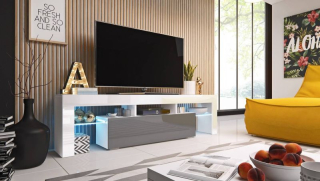 Modernistický RTV stolík s výklopnými dvierkami 158, biely mat-sivý vysoký lesk-biely vysoký lesk