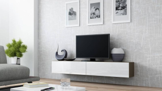 Závesný RTV stolík s vysokým leskom 180, latte mat-biely lesk